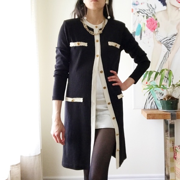 Liz Claiborne Sweaters - Wool blend black long line cardigan white trim